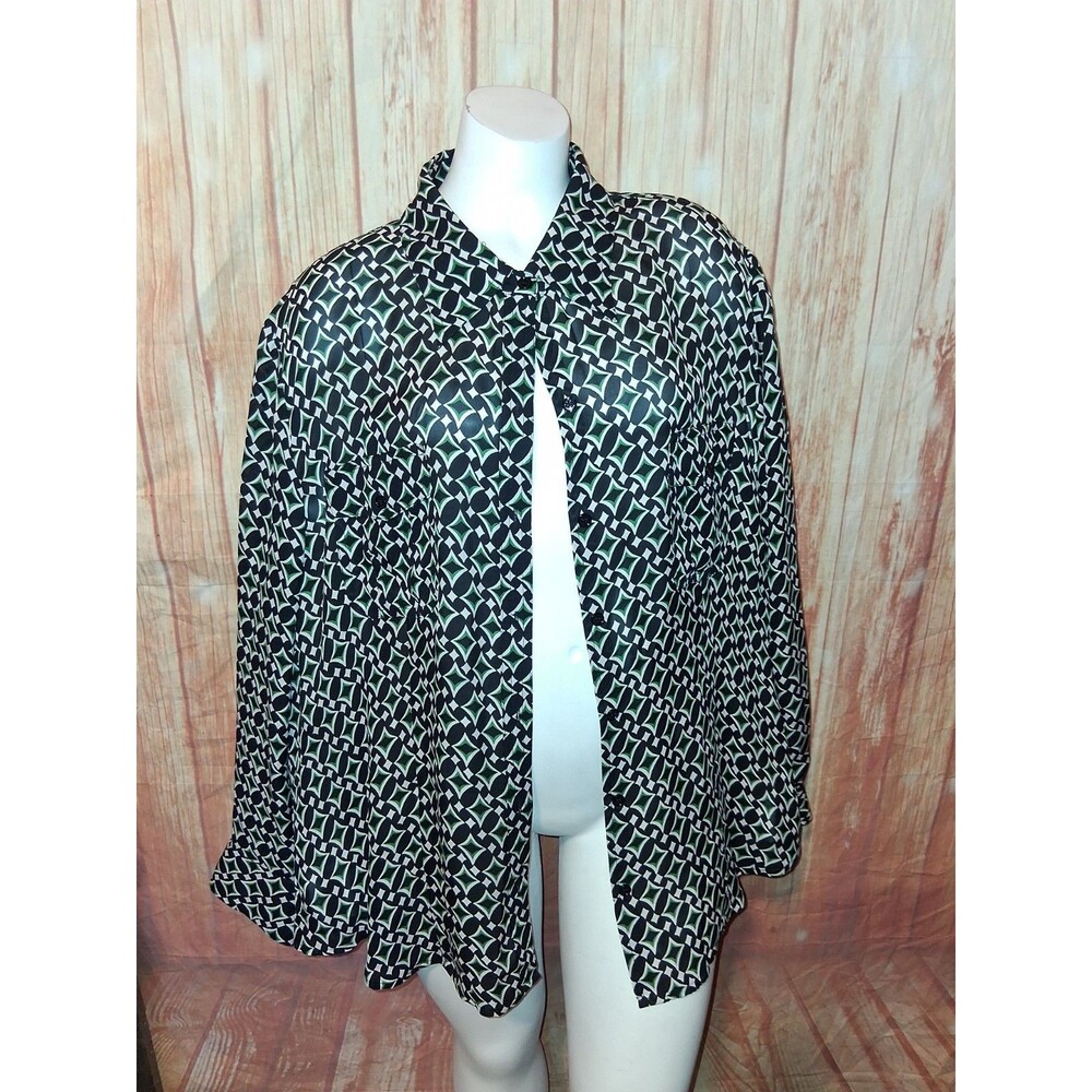 Anne Klein Multicolor Geometric Sheer Long Sleeve Button Up Blouse Sz 20W